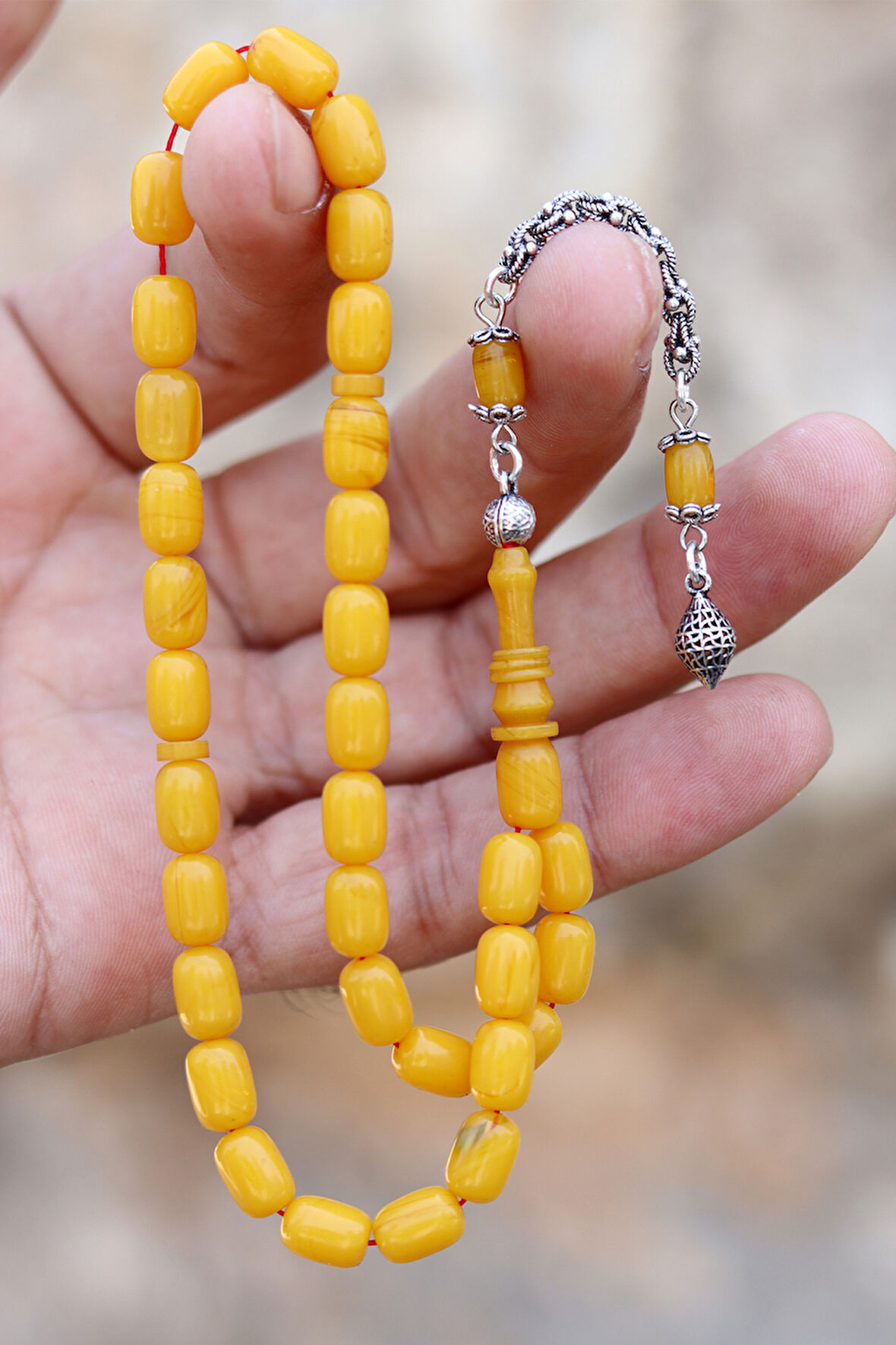 Sarı Kapsül Kesim Arnavut Gümüş Püsküllü Sıkma Kehribar Tesbih 201024416