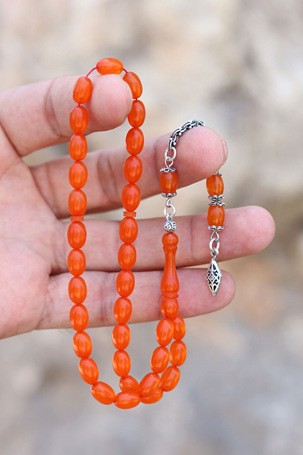 Turuncu Arpa Kesim Gümüş Püsküllü Sıkma Kehribar Tesbih 201024417