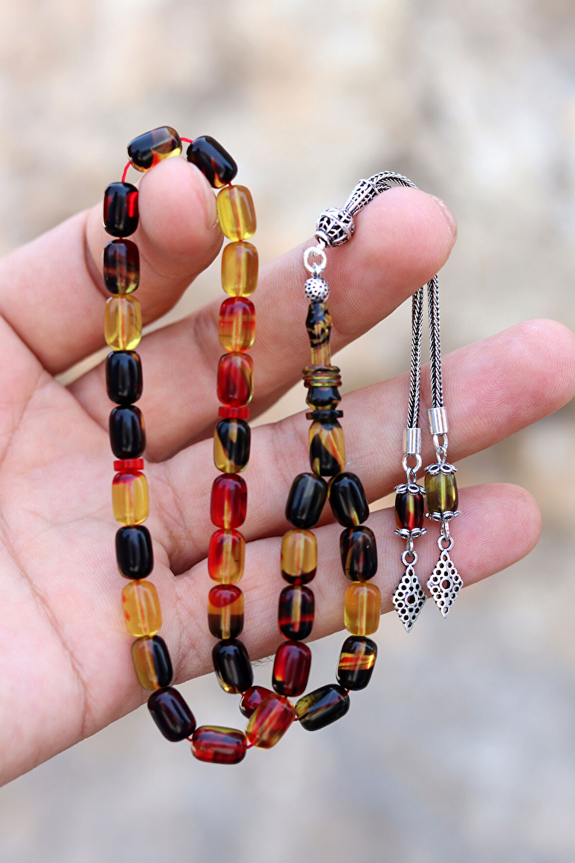 Hareli Sarı Siyah Kapsül Kesim Gümüş Püsküllü Ateş Kehribar Tesbih 201024419