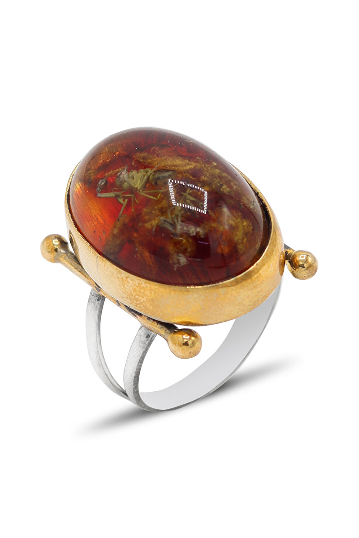 Fosilli Kehribar Taşlı Çekiç İşlemeli 925 Ayar Gümüş Kadın Yüzük 201024486