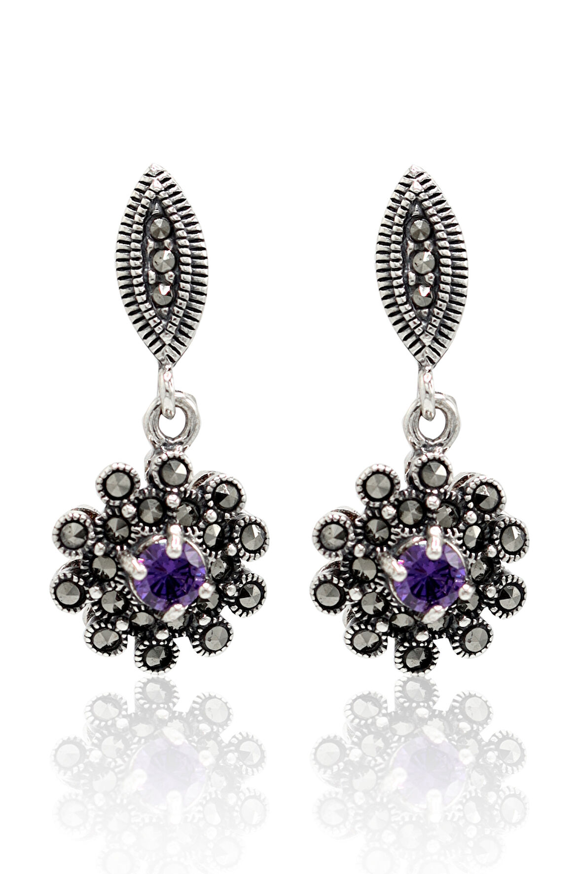 Ametist ve Markazit Taşlı Çiçek Model Gümüş Kadın Küpe 201024504