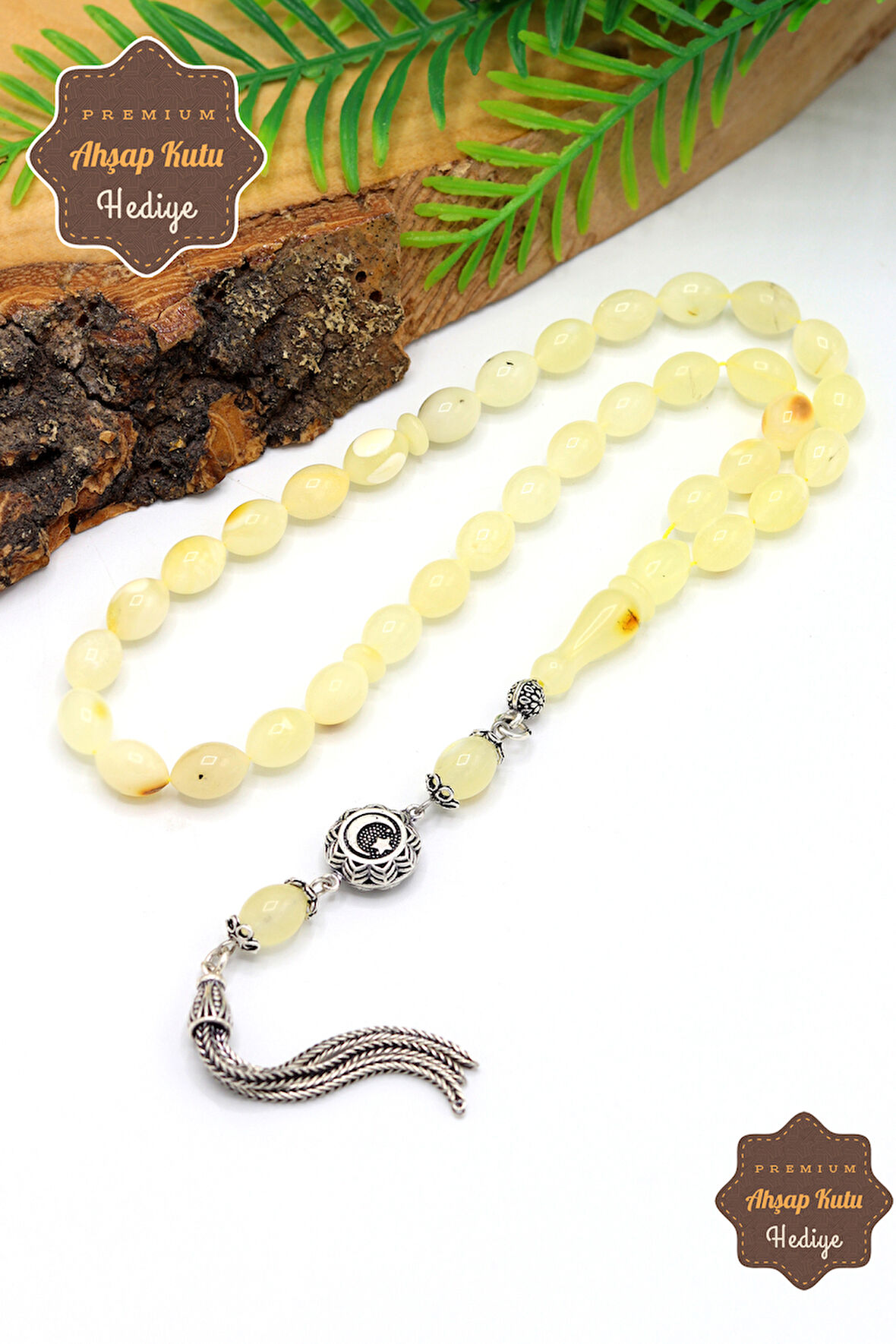 Ayyıldız Gümüş Püsküllü Arpa Kesim Orijinal Ukrayna Damla Kehribar Tesbih 201024517