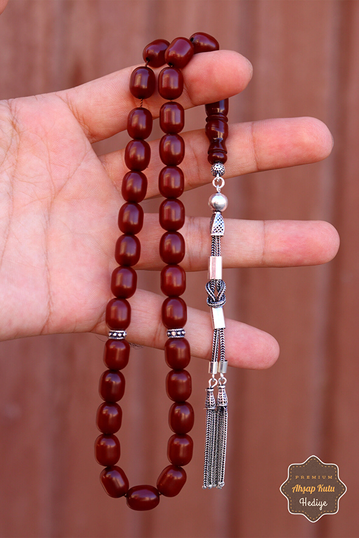 Koyu Kahve Kapsül Kesim 2'li Örgü Gümüş Püsküllü Sıkma Kehribar Tesbih 201024537