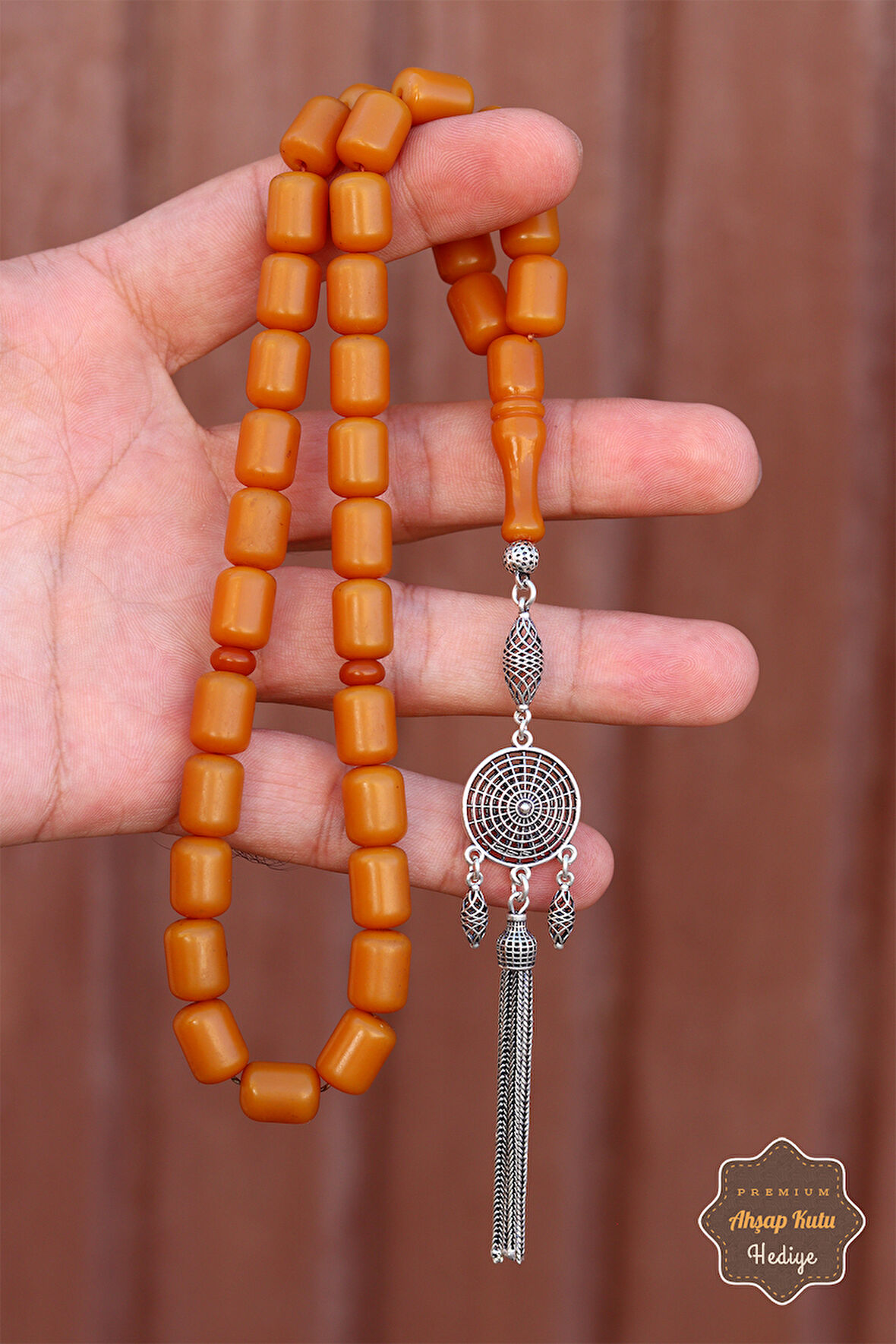 Koyu Sarı Kapsül Kesim Sancak Gümüş Püsküllü Sıkma Kehribar Tesbih 201024538