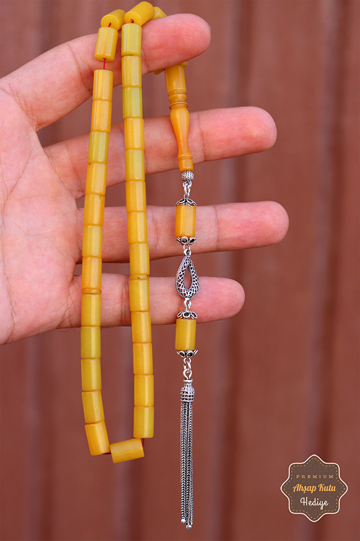 Limon Yeşili Kesme Model Gümüş Püsküllü Sıkma Kehribar Tesbih 201024542