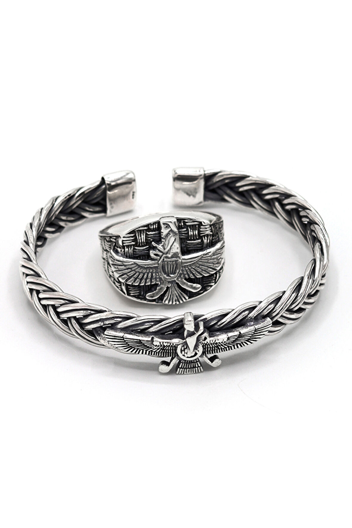 Özel Tasarım Ahura Mazda Model Gümüş Bilezik ve Yüzük Kombini 201024557