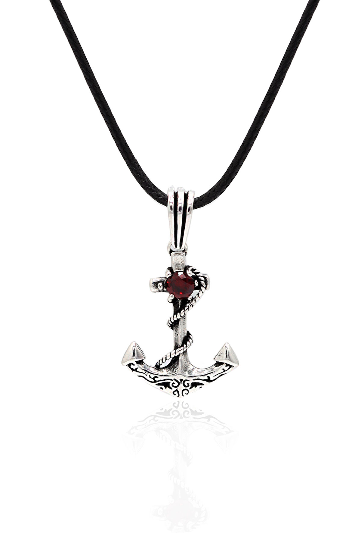 Yakut Taşlı Denizci Çapası Tasarım 925 Ayar Gümüş Erkek Kolye 201024603