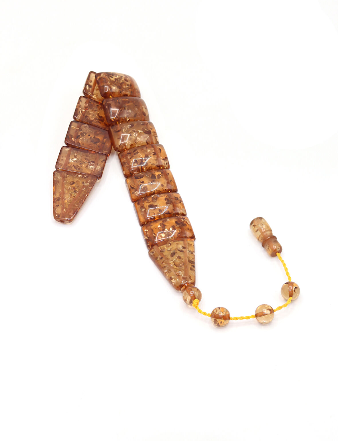 Kahverengi Altın Parçacıklı Düz Kesim Toz Kehribar Balık Tesbih 201024699