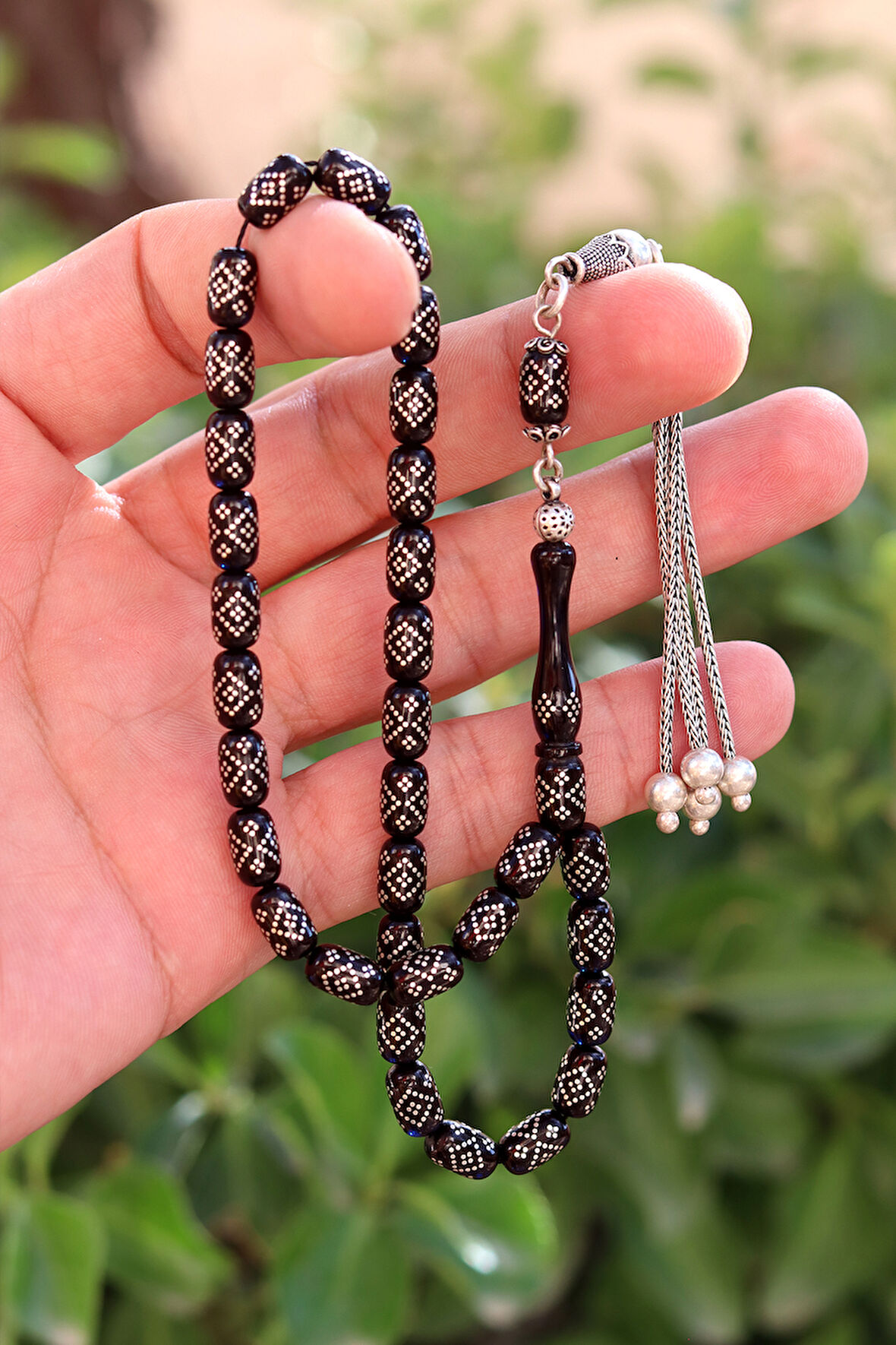 Koyu Bordo Gümüş İşlemeli Gümüş Püsküllü Ateş Kehribar Tesbih 201024756