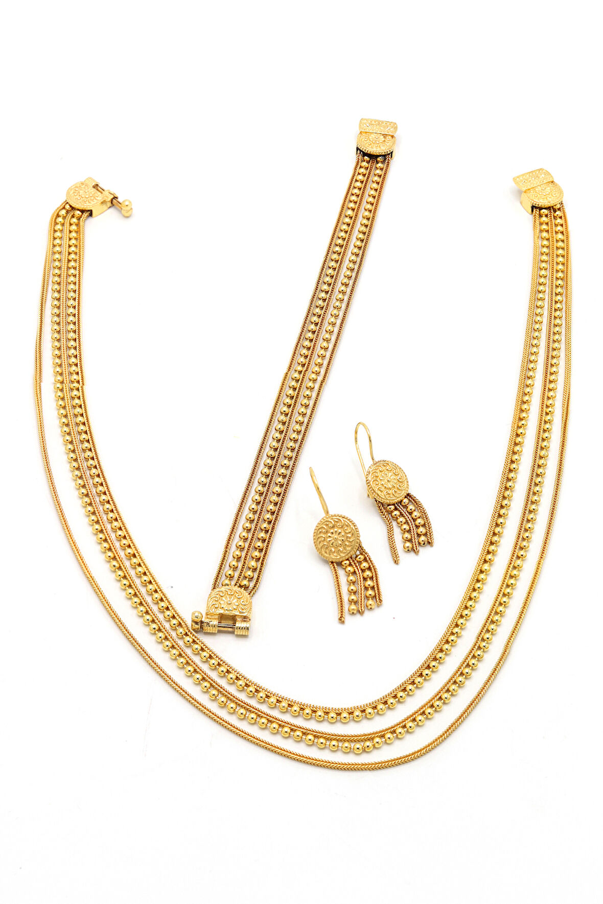 Sıralı Toplu Altın Kaplama 925 Ayar Gümüş Bayan Hasır Üçlü Set 201024776