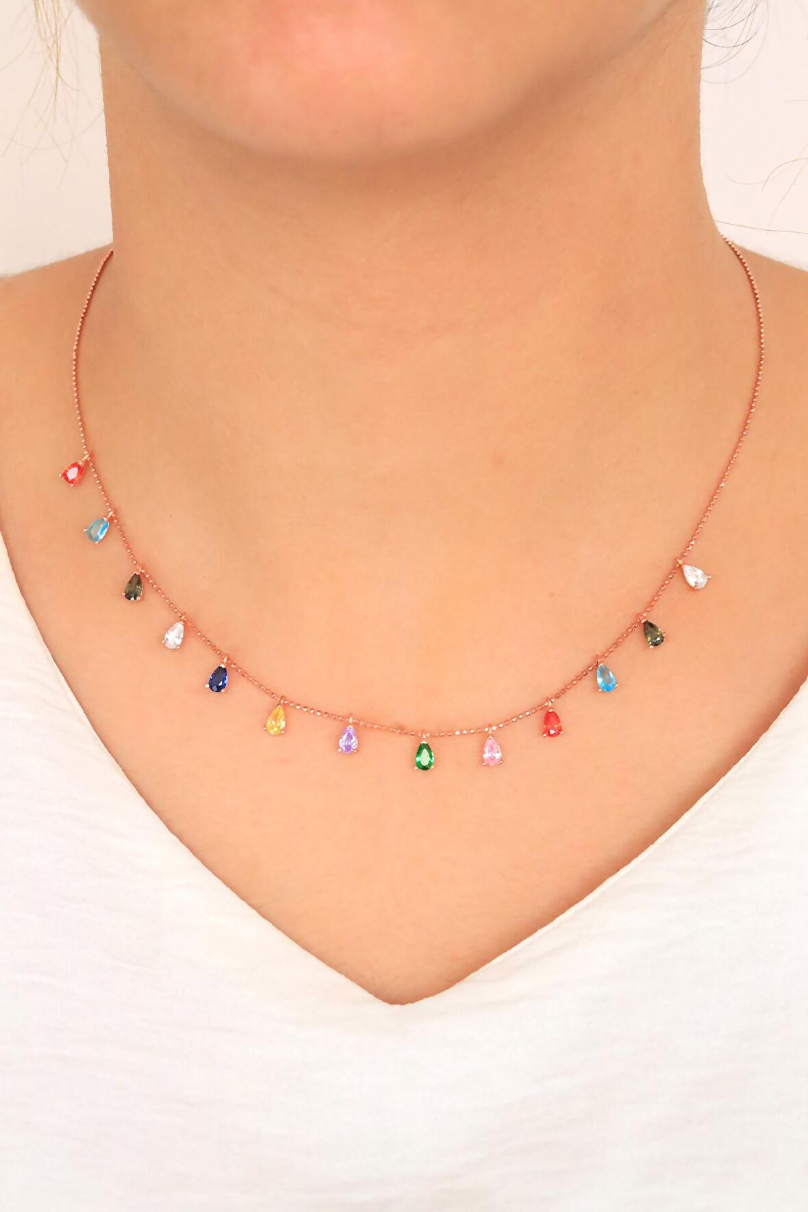 Damla Model Karışık Taşlı Rose Kaplama Gümüş Bayan Kolye
