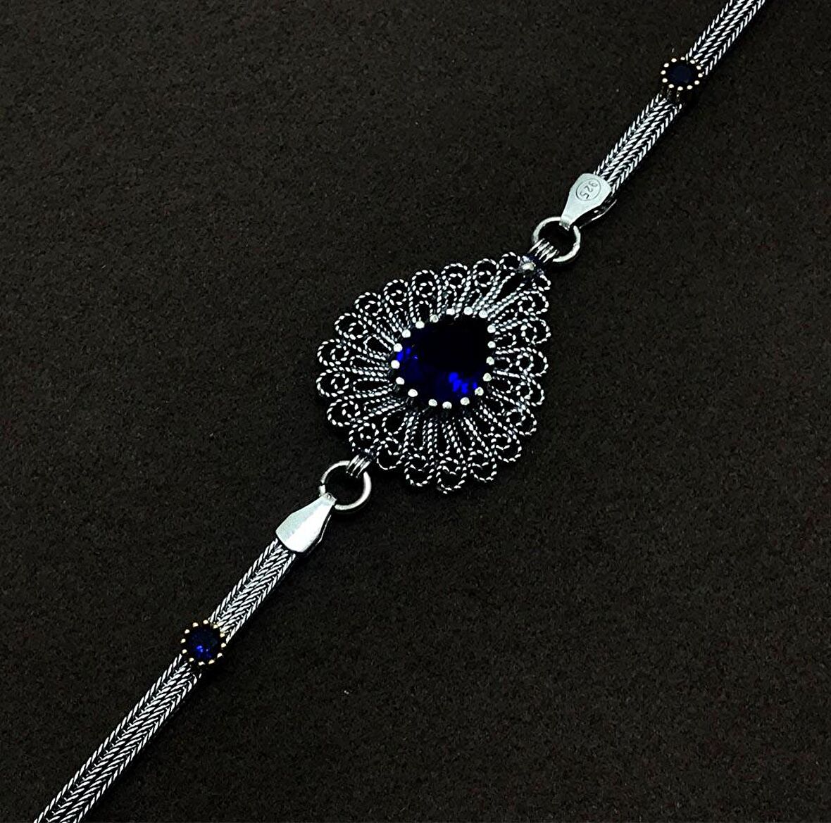 Damla Model Safir Taşlı Gümüş Oksitli Telkari Kadın Bileklik