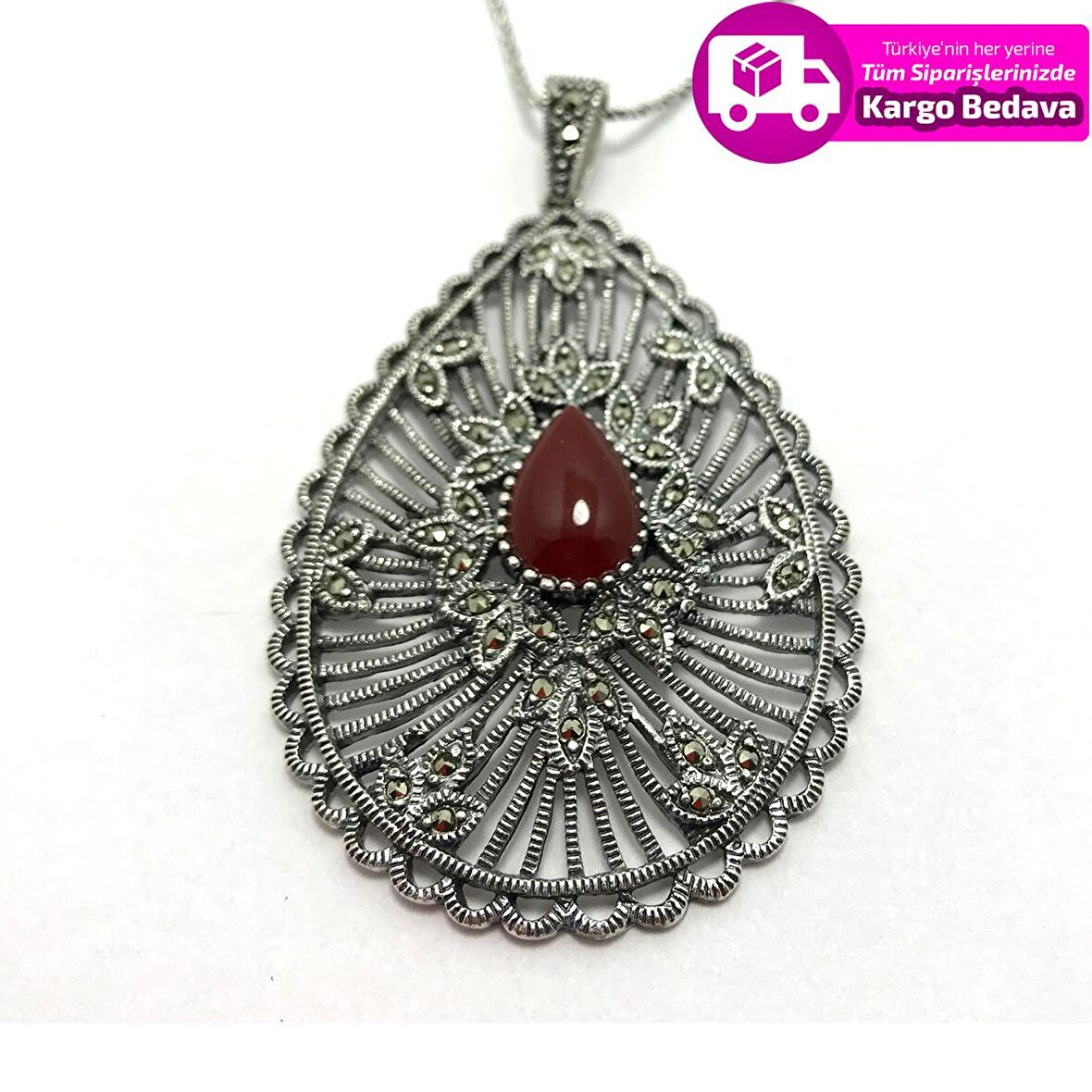 Akik Ve Markazit Taşlı 925 Ayar Gümüş Kadın Kolye