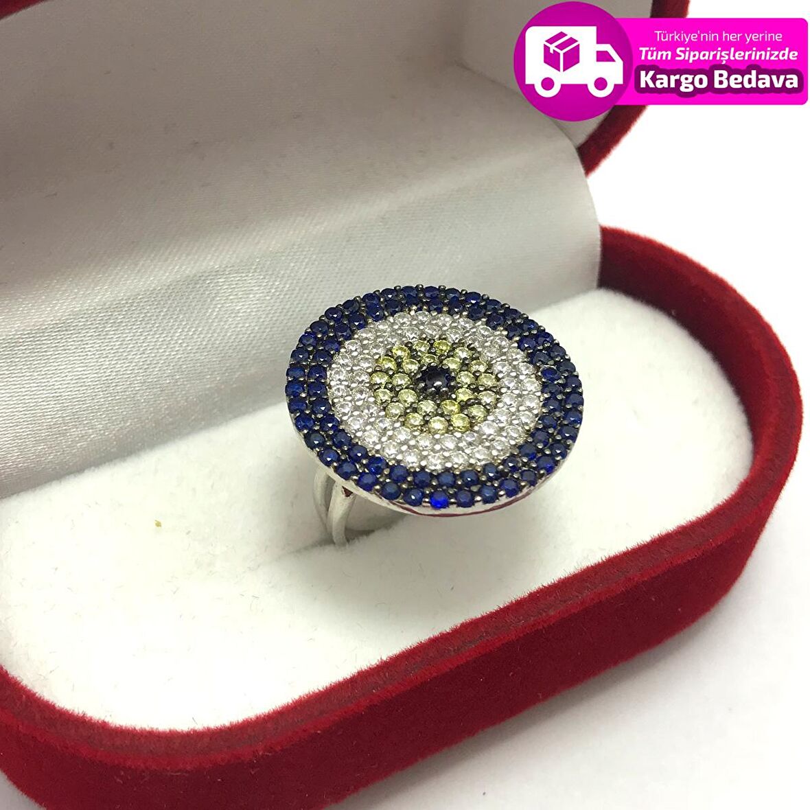 Nano Zirkon Ve Safir Taşlı 925 Ayar Gümüş Bayan Yüzük