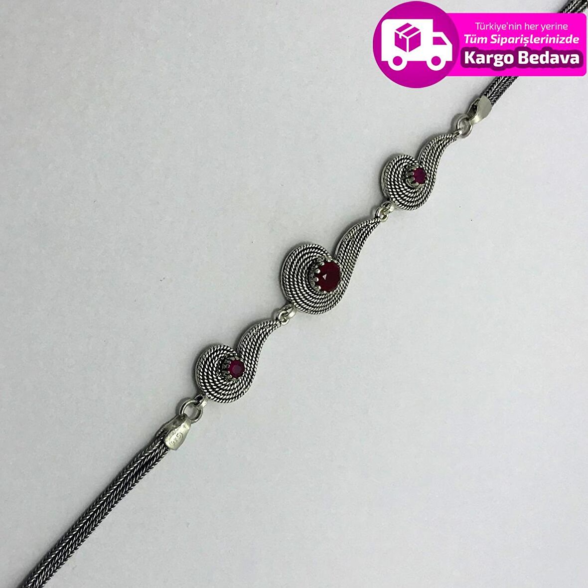 Yakut Taşlı Elişi  925 Ayar Gümüş Kadın Bileklik