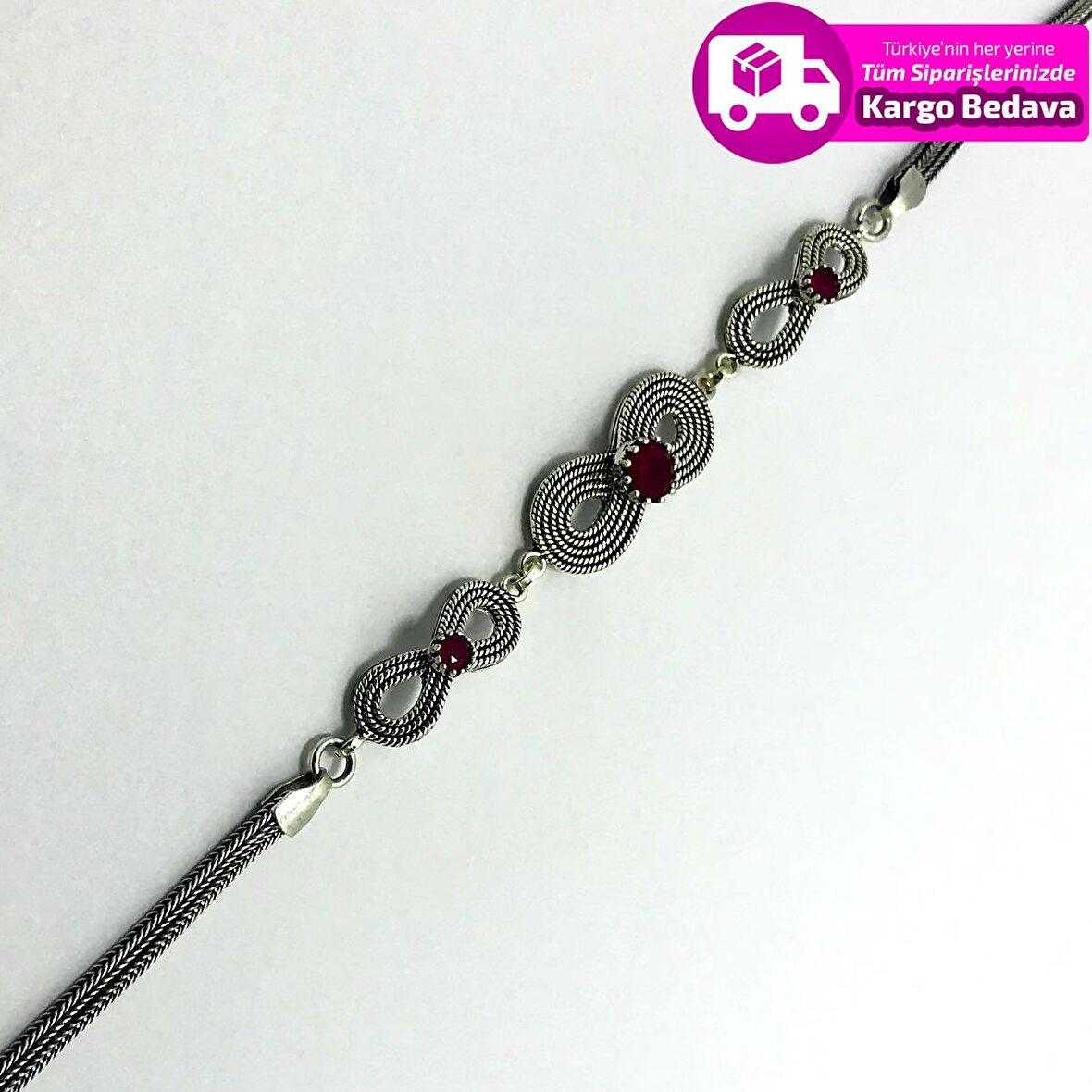 Yakut Taşlı Sonsuzluk Model Elişi  925 Ayar Gümüş Kadın Bileklik