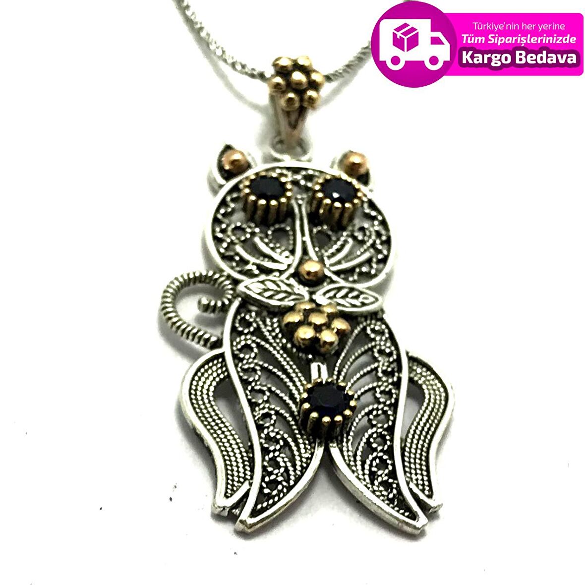 Safir Taşlı Kedi  Model Telkari Elişi  925 Ayar Gümüş Kadın Kolye