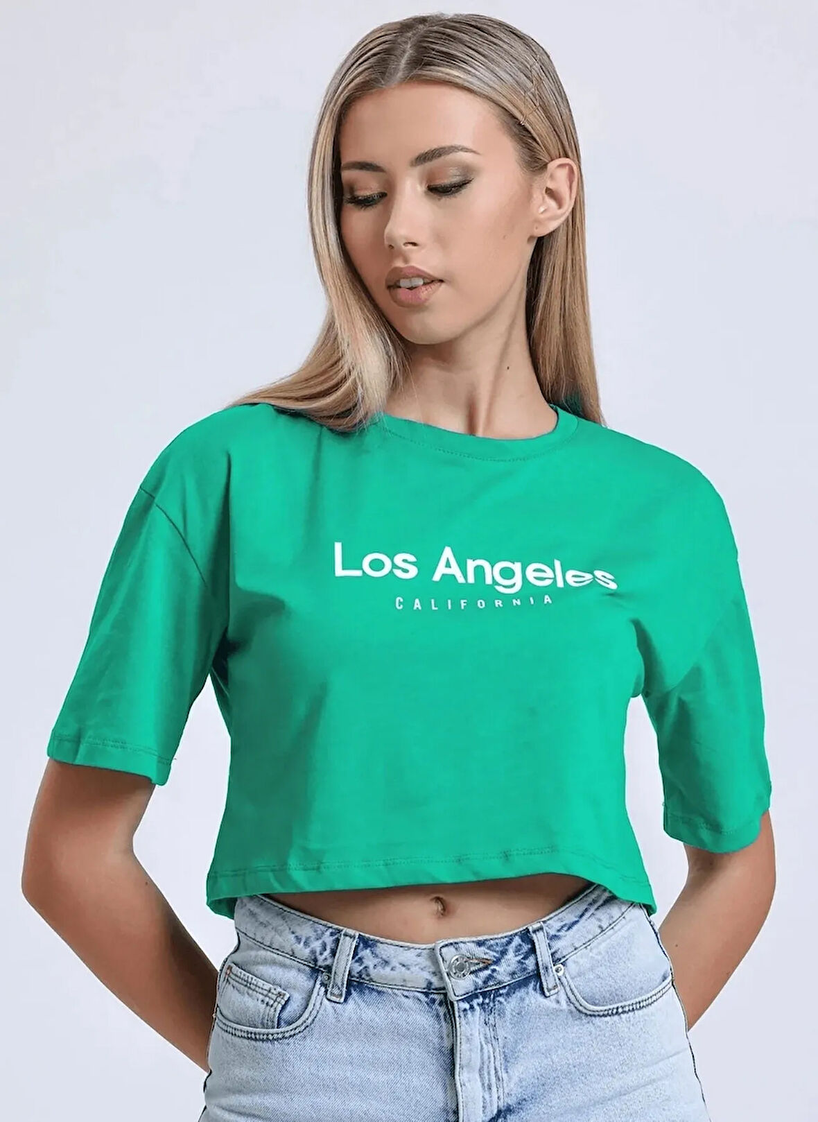 Reebok LC 6613 TENA CROP TEE Yeşil Yuvarlak Yaka Crop Baskılı Kadın T-Shirt