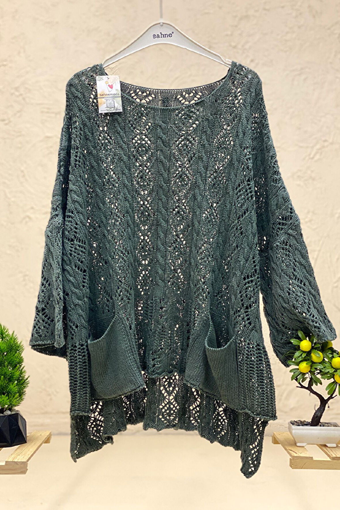 Ajurlu Kare Yaka Cepli Asimetrik Organik Yıkamalı Kazak