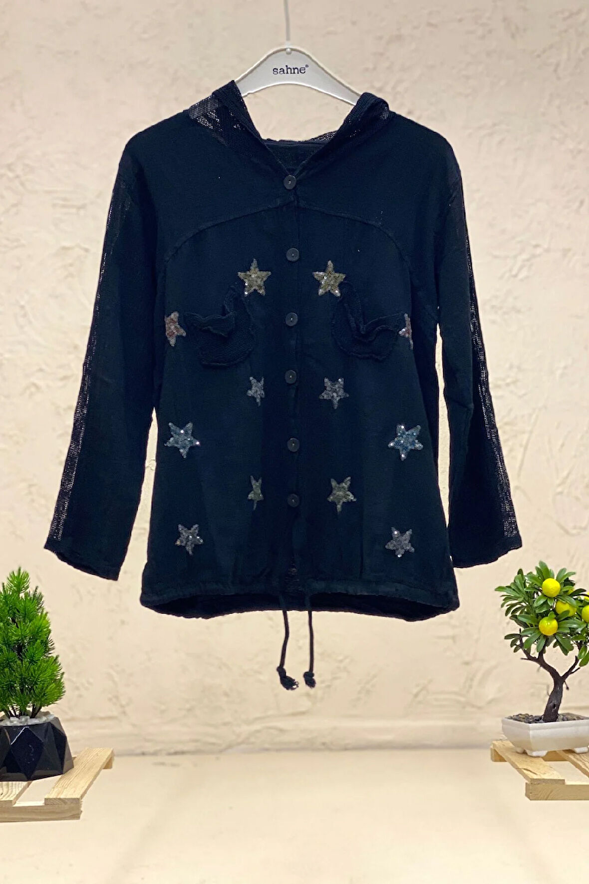 Yıldızlı Uzun Kol Kapşonlu Keten Gömlek