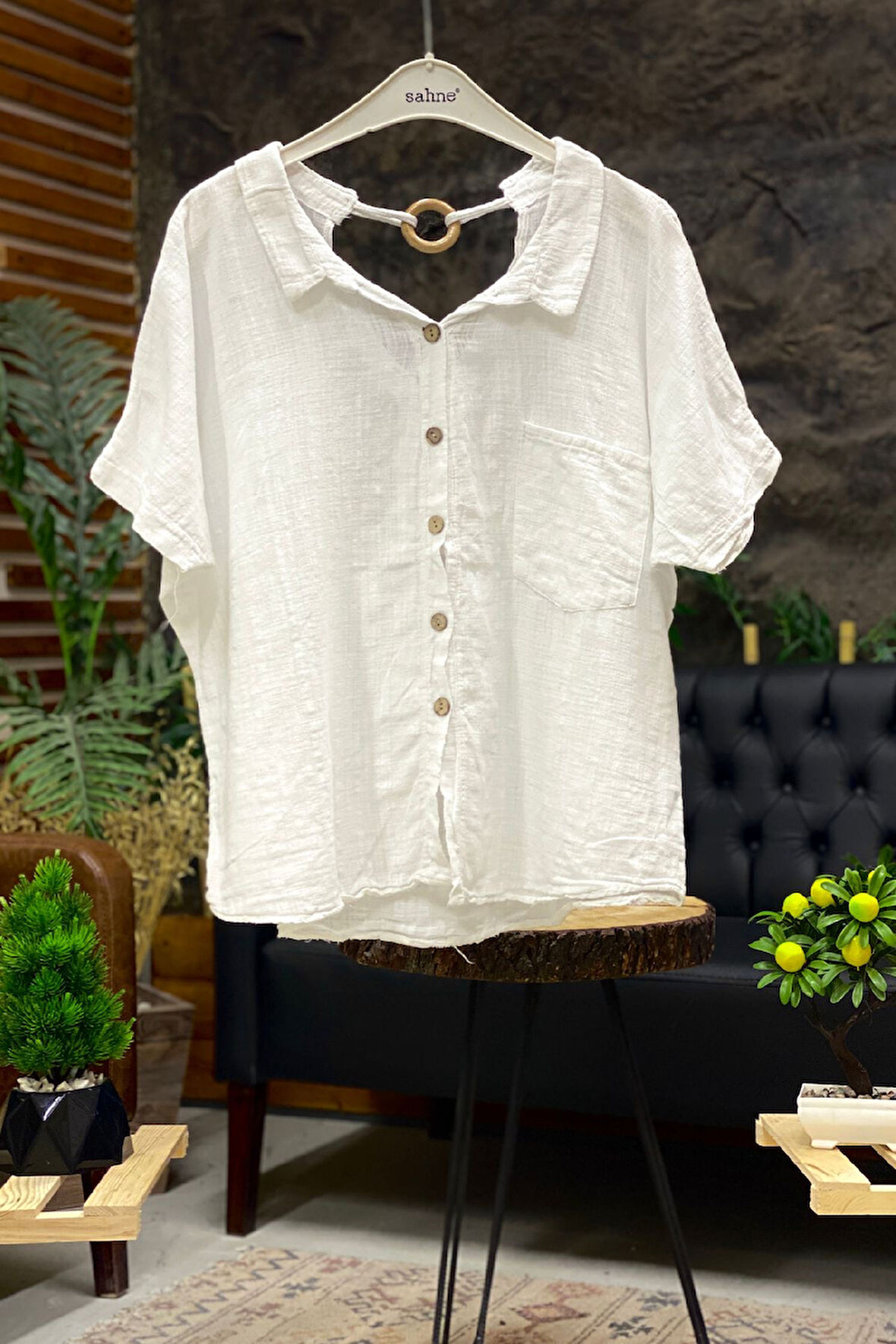 Sırt Tahta Halkalı Yakalı Salaş Keten Bluz