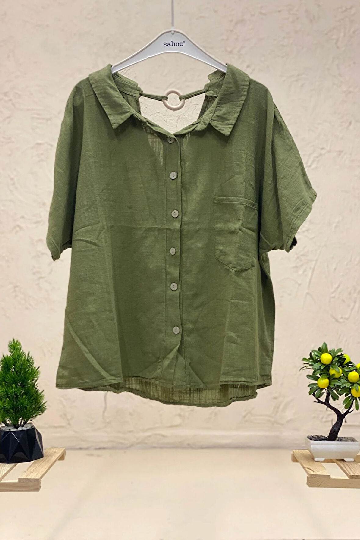 Sırt Tahta Halkalı Yakalı Salaş Keten Bluz