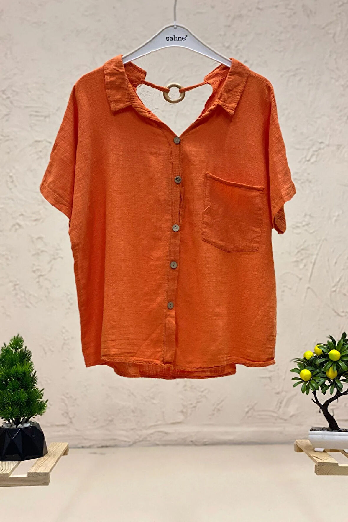 Sırt Tahta Halkalı Yakalı Salaş Keten Bluz