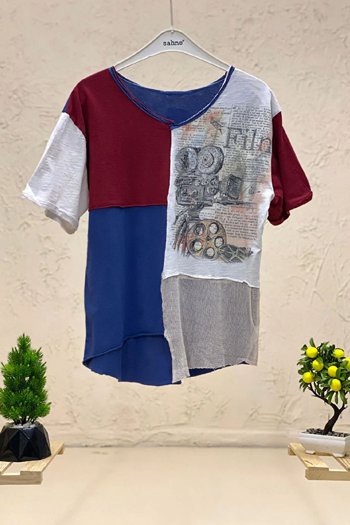 Baskılı Zımba Taş Detaylı Parçalı Kısa Kol Penye Tshirt