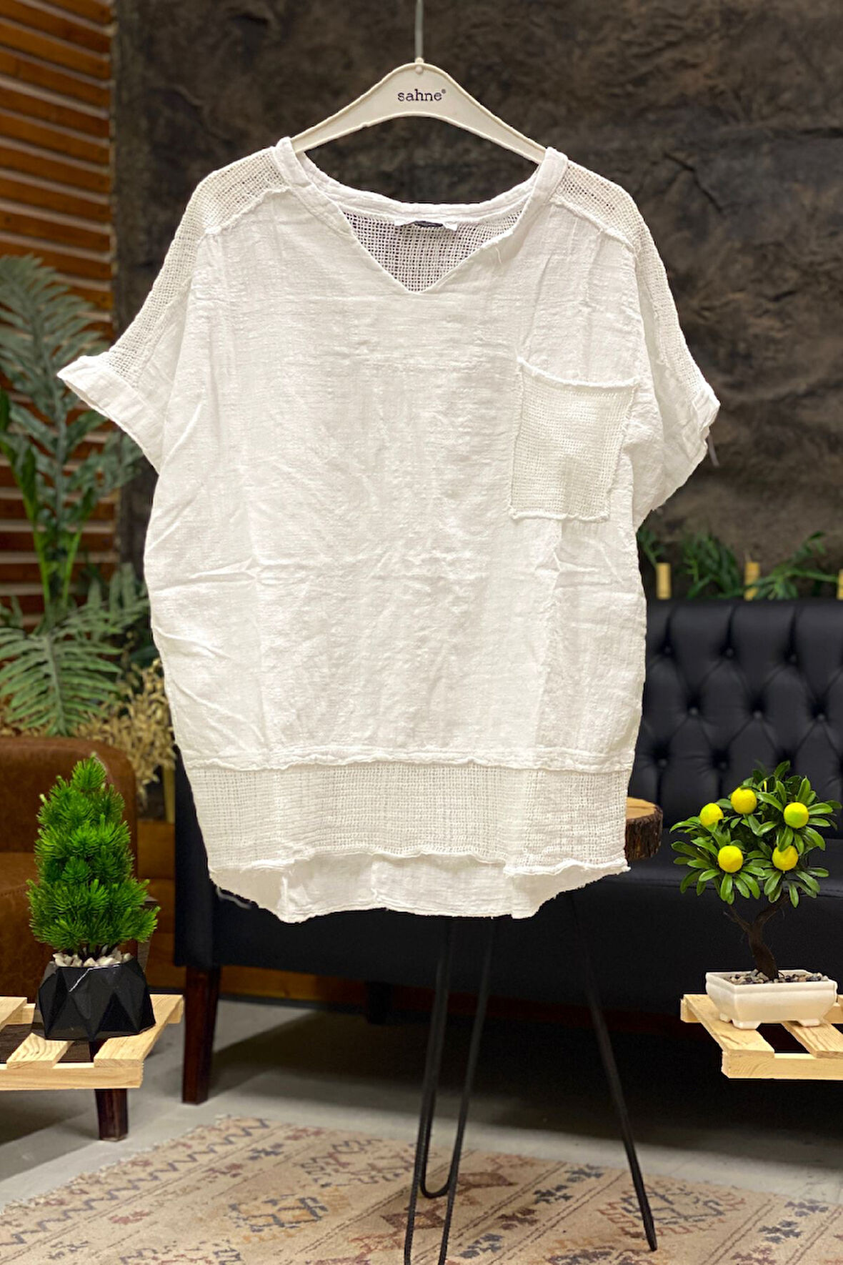 Hakim Yaka Omuz Cep File Keten Bluz