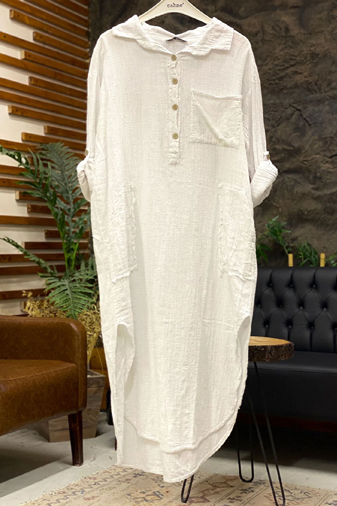 Yakalı Düğmeli Cepli Uzun Keten Elbise