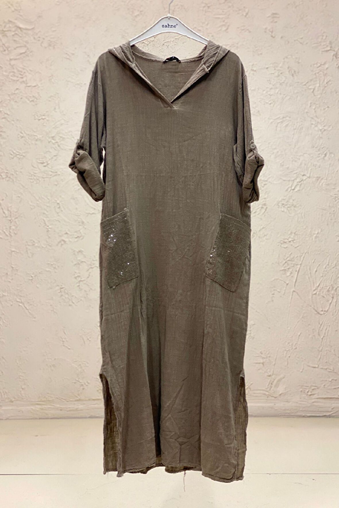 Kapşonlu Cepleri Pullu Uzun Keten Elbise