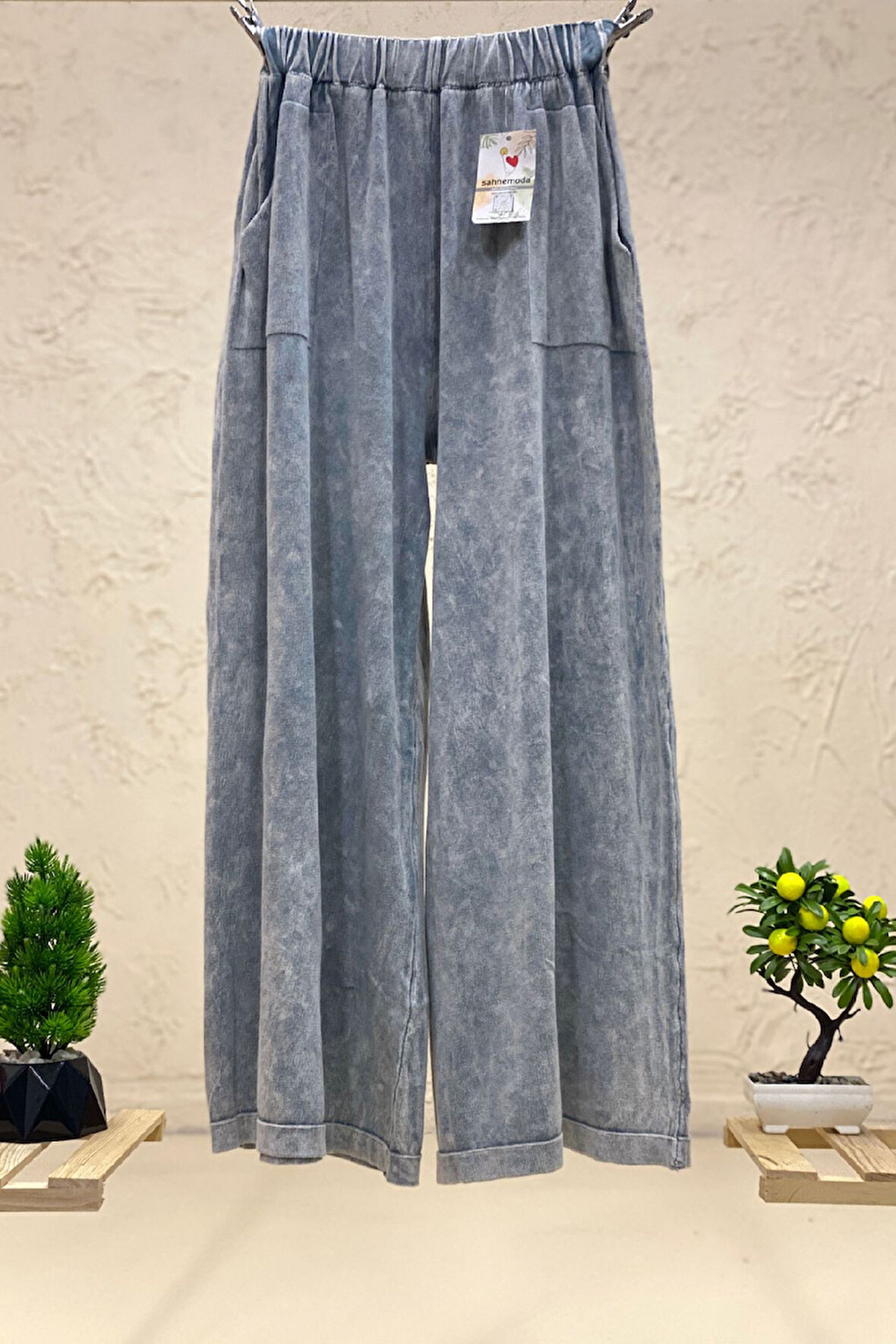 Yandan Cepli Bol Paça Yıkamalı Triko Pantolon