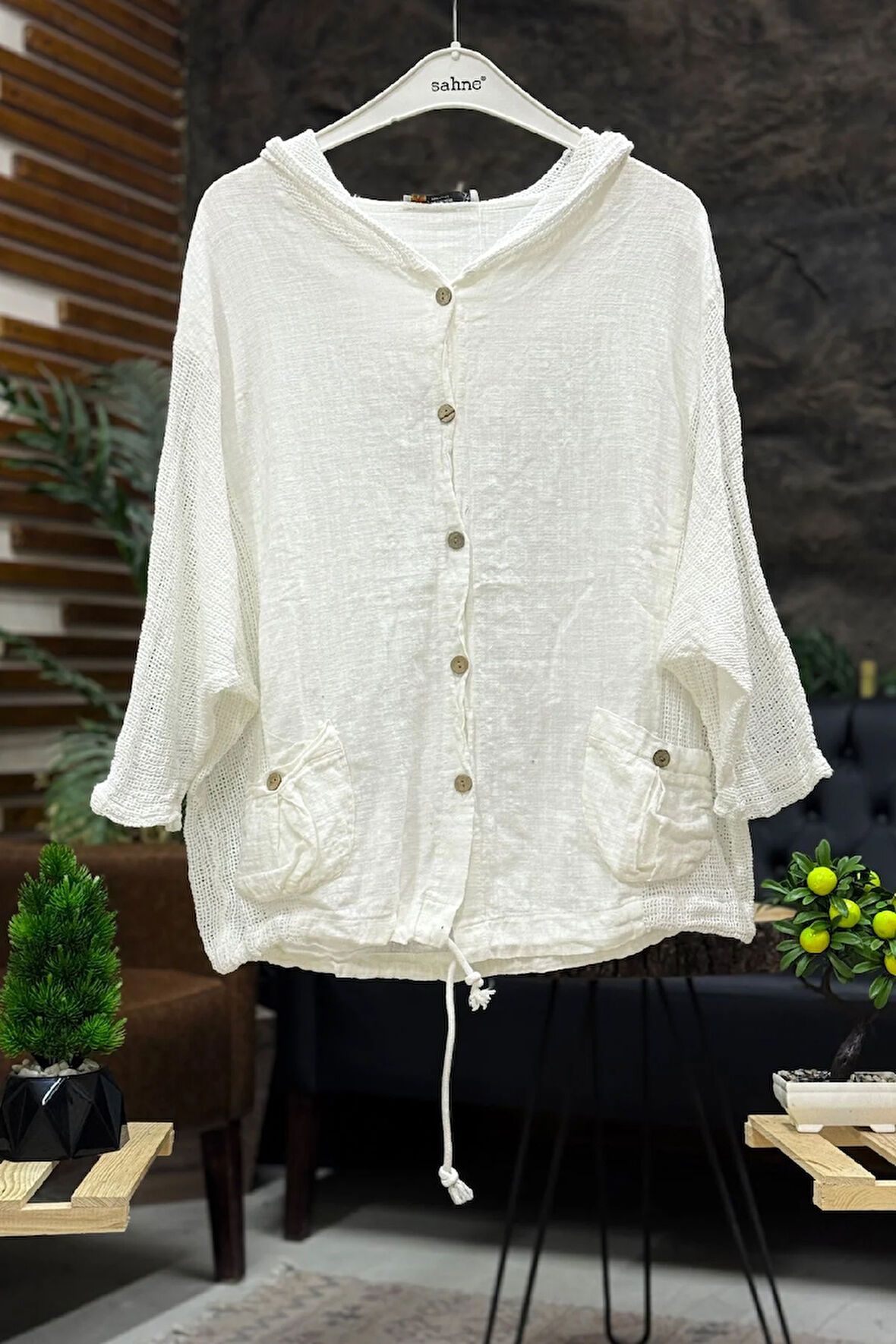 Kapşonu Ve yanı File Garnili Keten Hırka