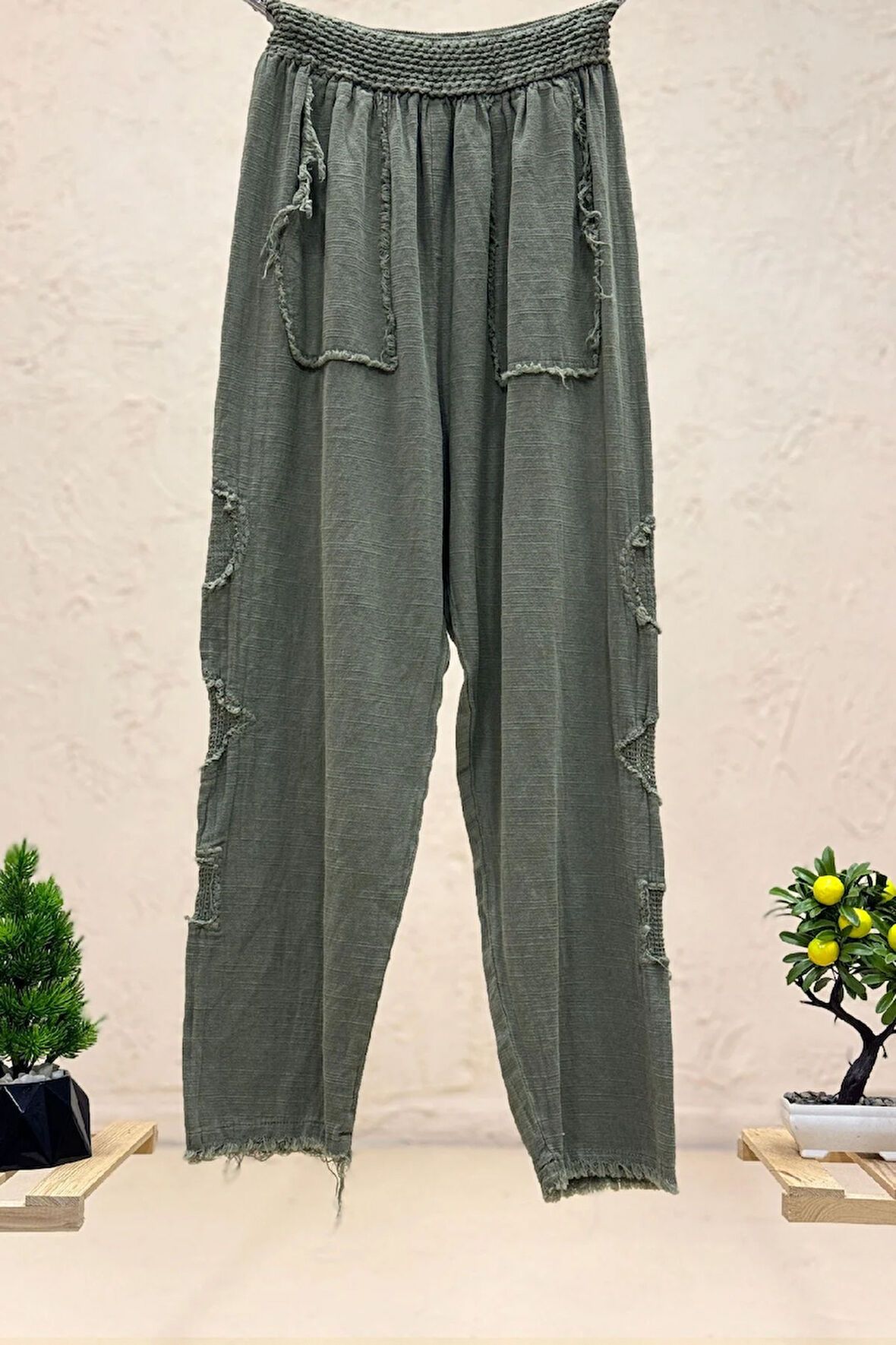 Yanları File Püsküllü Keten Pantolon