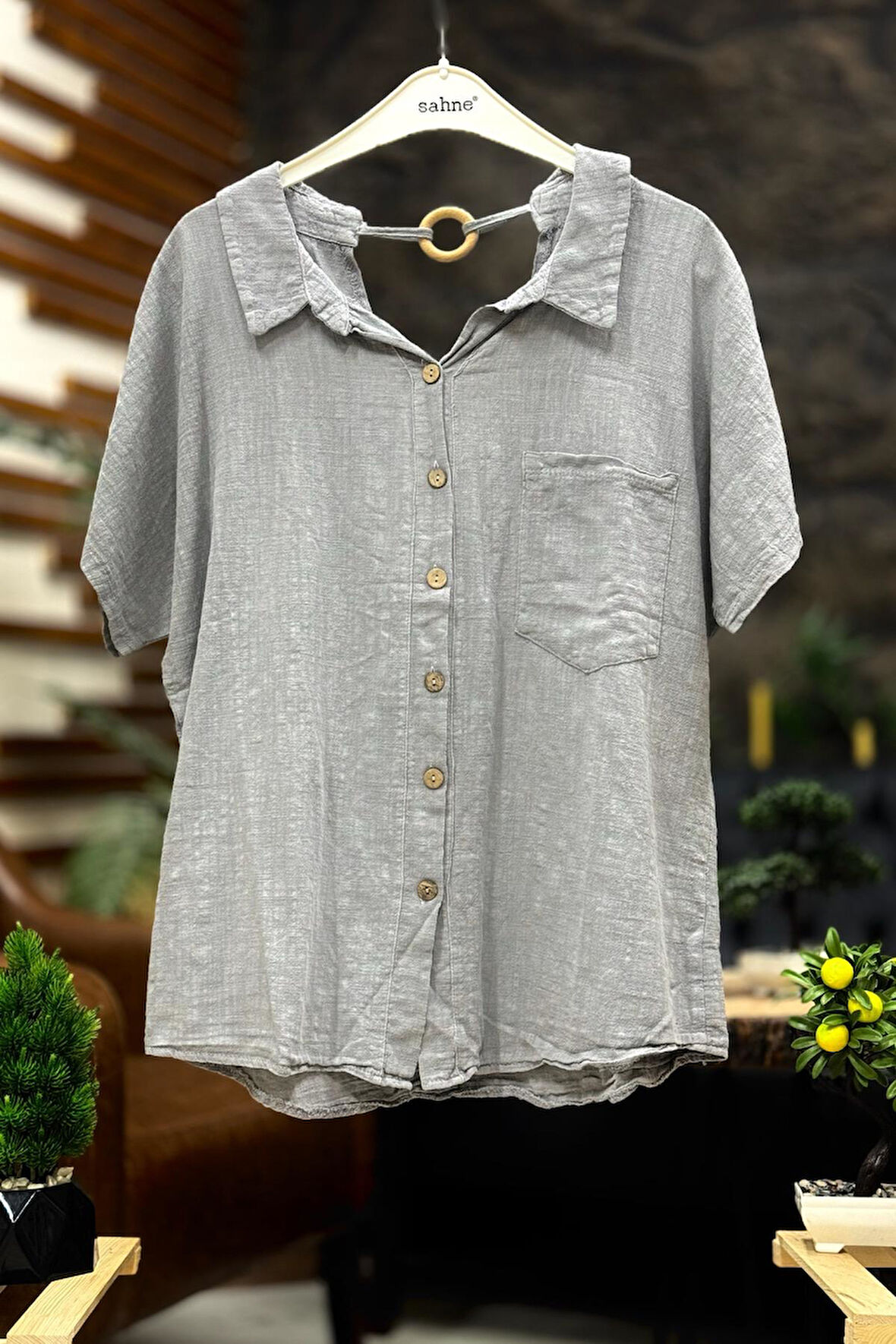 Sırt Tahta Halkalı Yakalı Salaş Keten Bluz