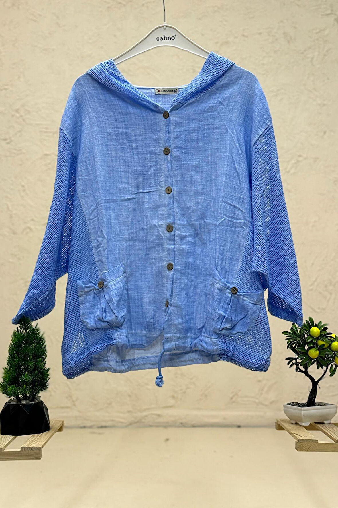 Kapşonu Ve yanı File Garnili Keten Hırka