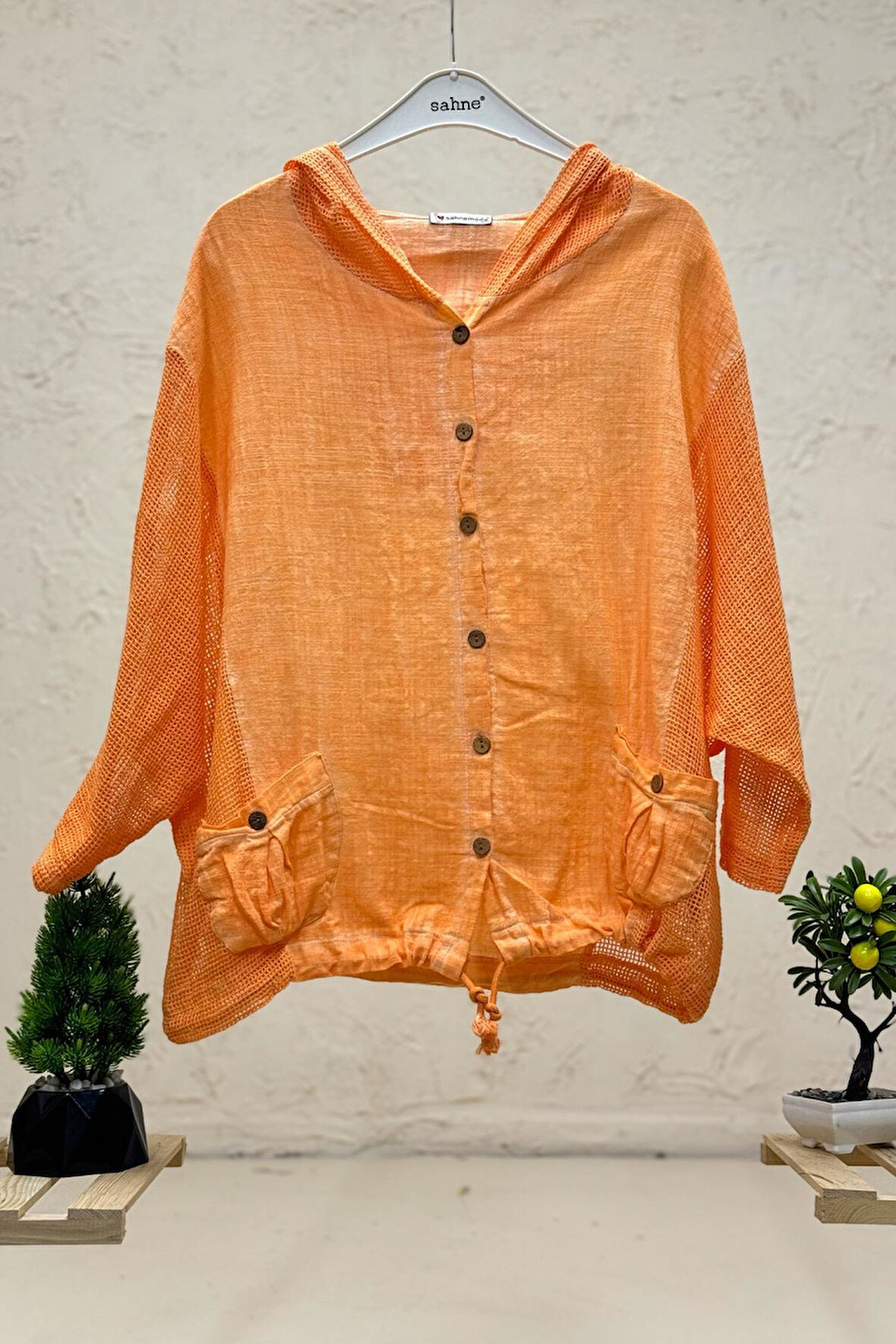 Kapşonu Ve yanı File Garnili Keten Hırka