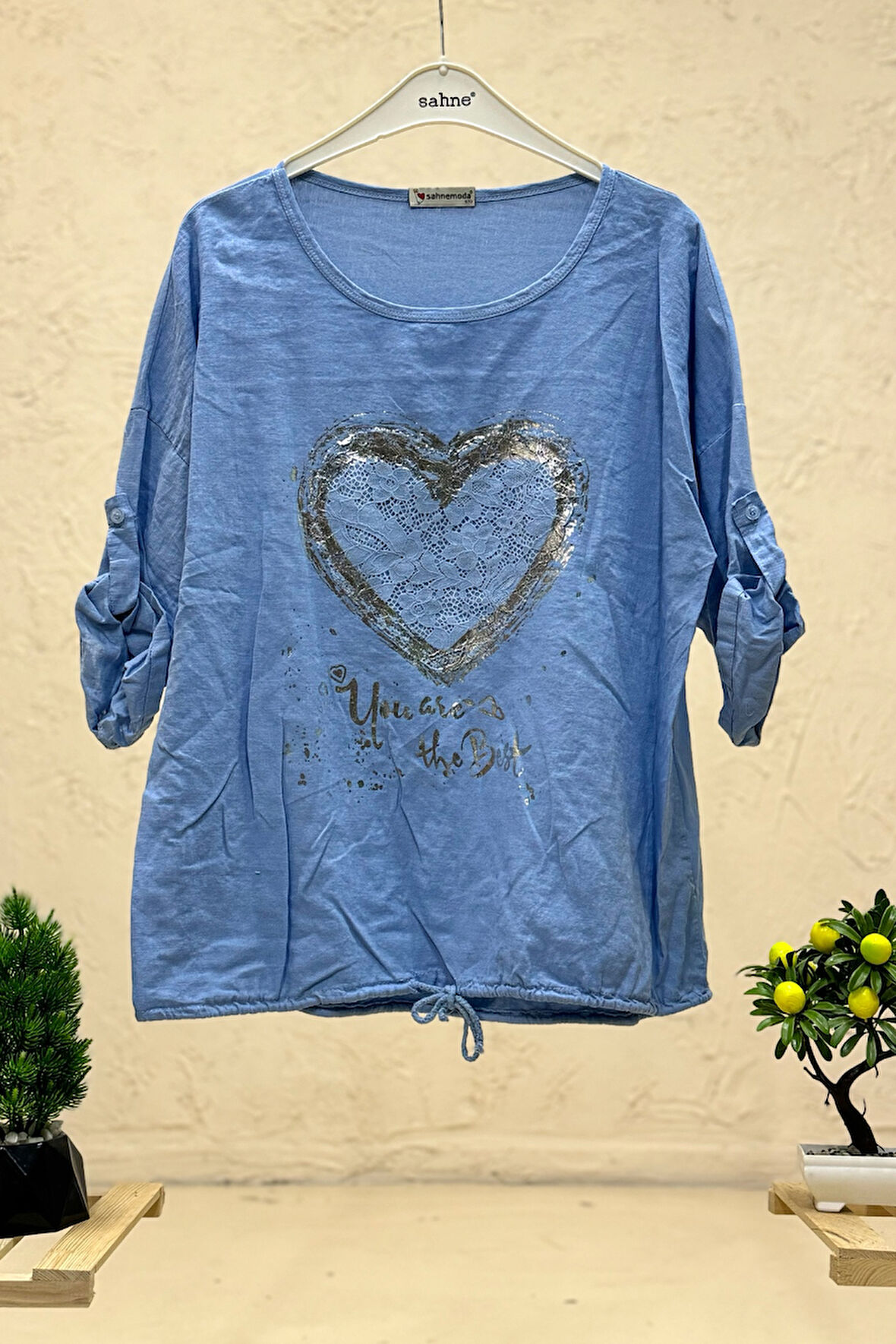 Kalp Desen Kol Düğmeli İtalyan Keten Bluz