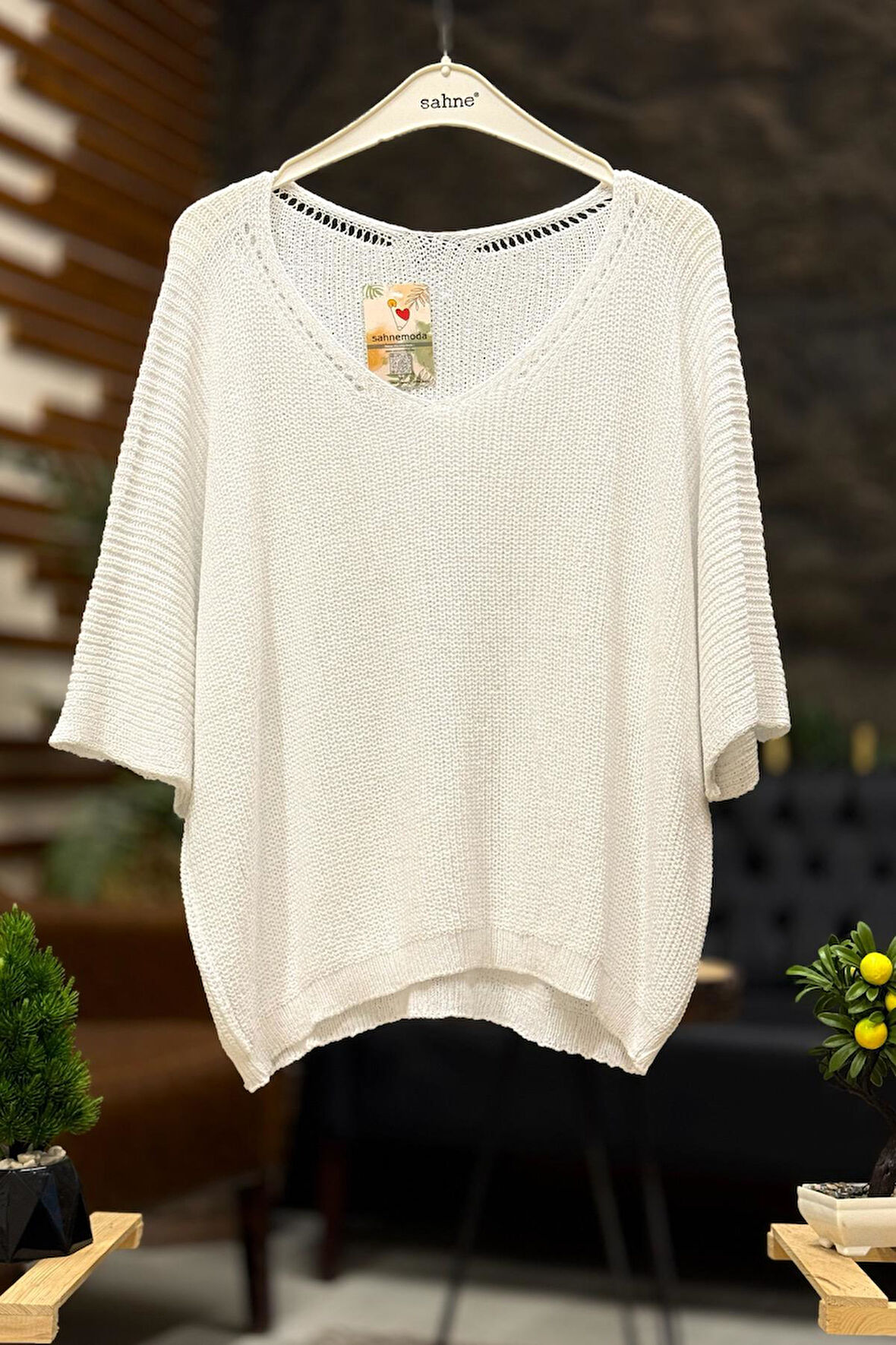 V Yaka Selanik Örgü Merserize Salaş Oversize Bluz