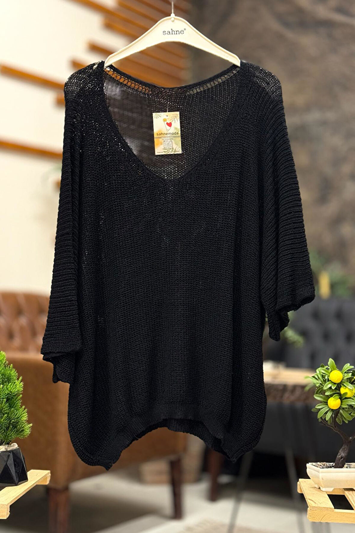V Yaka Selanik Örgü Merserize Salaş Oversize Bluz