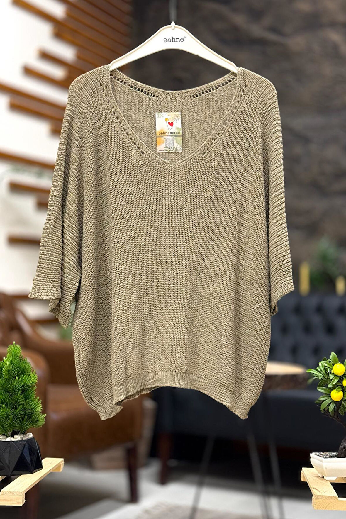 V Yaka Selanik Örgü Merserize Salaş Oversize Bluz