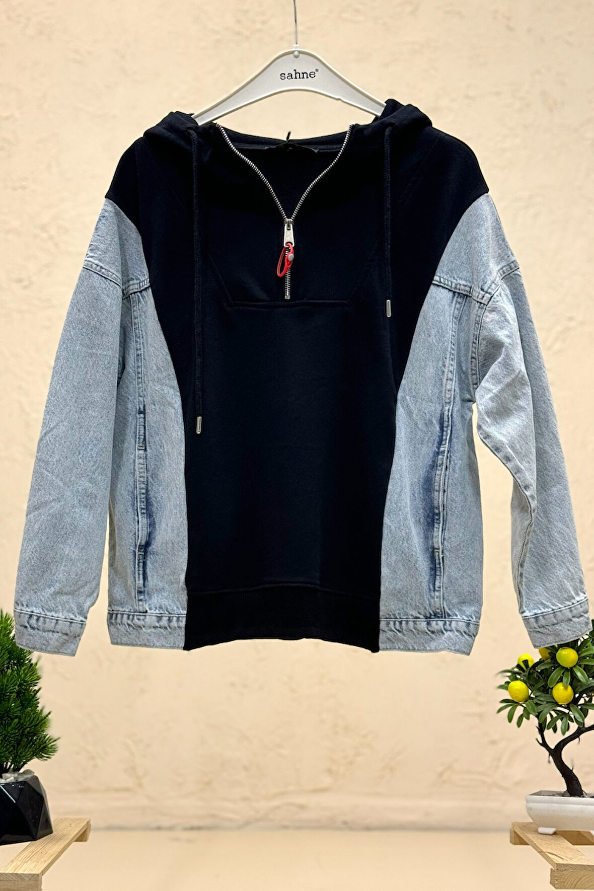 Kapşonlu Yarım Fermuar Kot Garnili Sweat