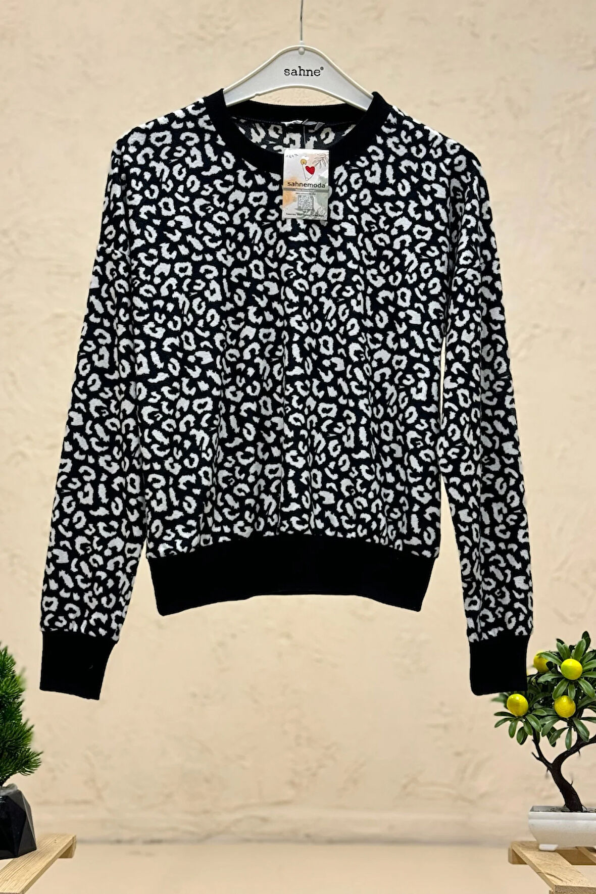 Leopar Desen Sıfır Yaka Süet Sweat