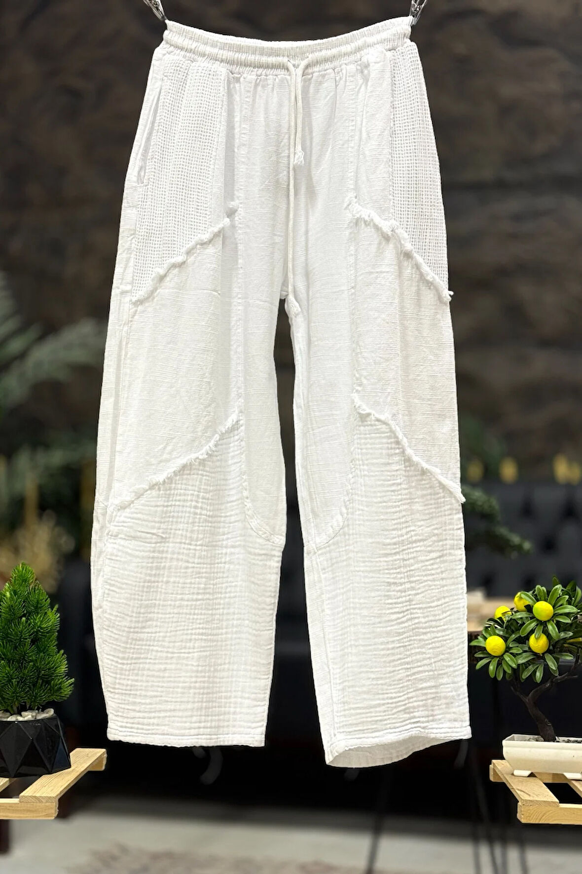 Cep File Detaylı Püsküllü Bol Paça Keten Pantolon