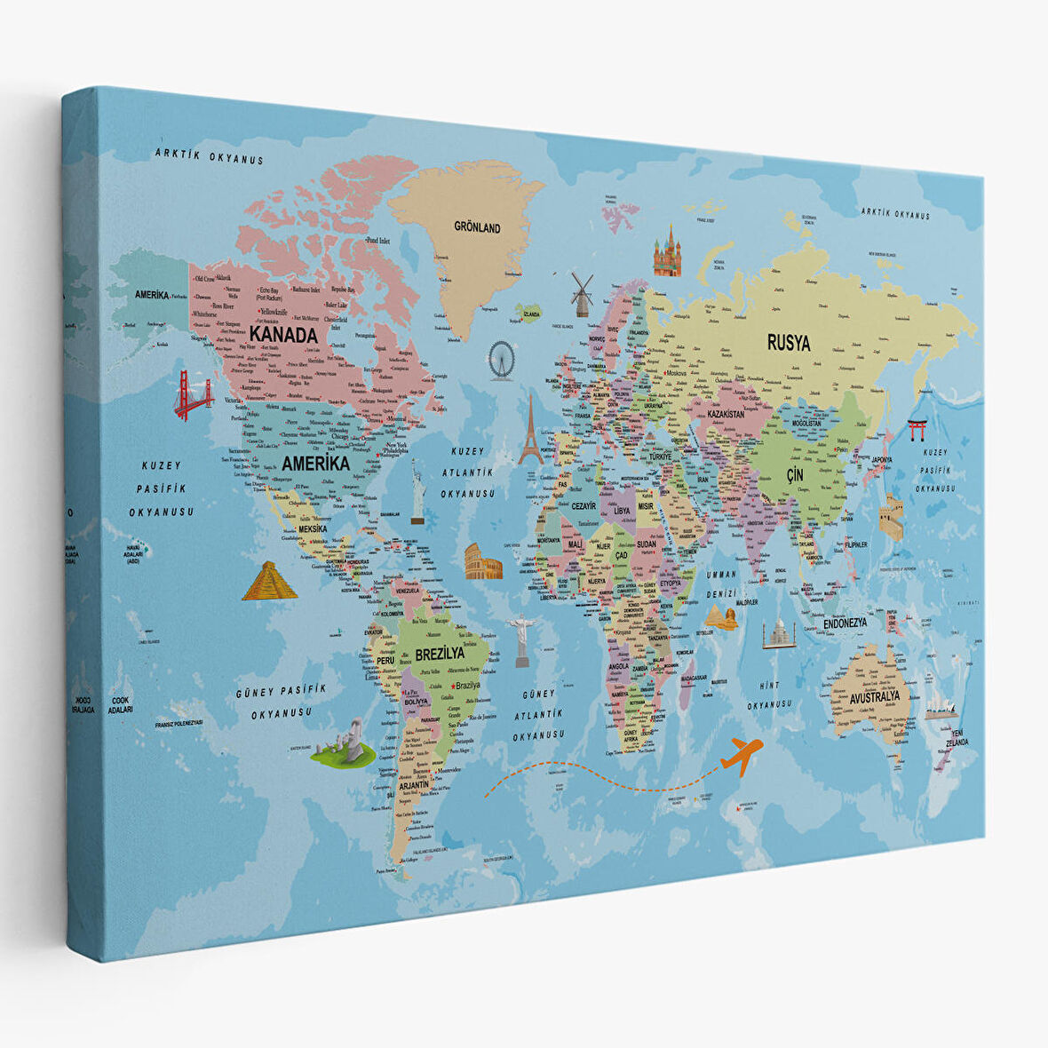 Harita Sepeti Türkçe Dünya Haritası Kanvas Tablo Son Derece Detaylı ve Dekoratif-2012