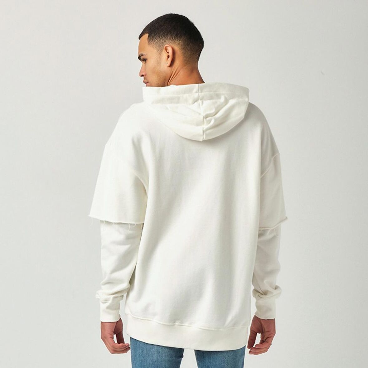 Parçalı Kol Hoodie - Ekru