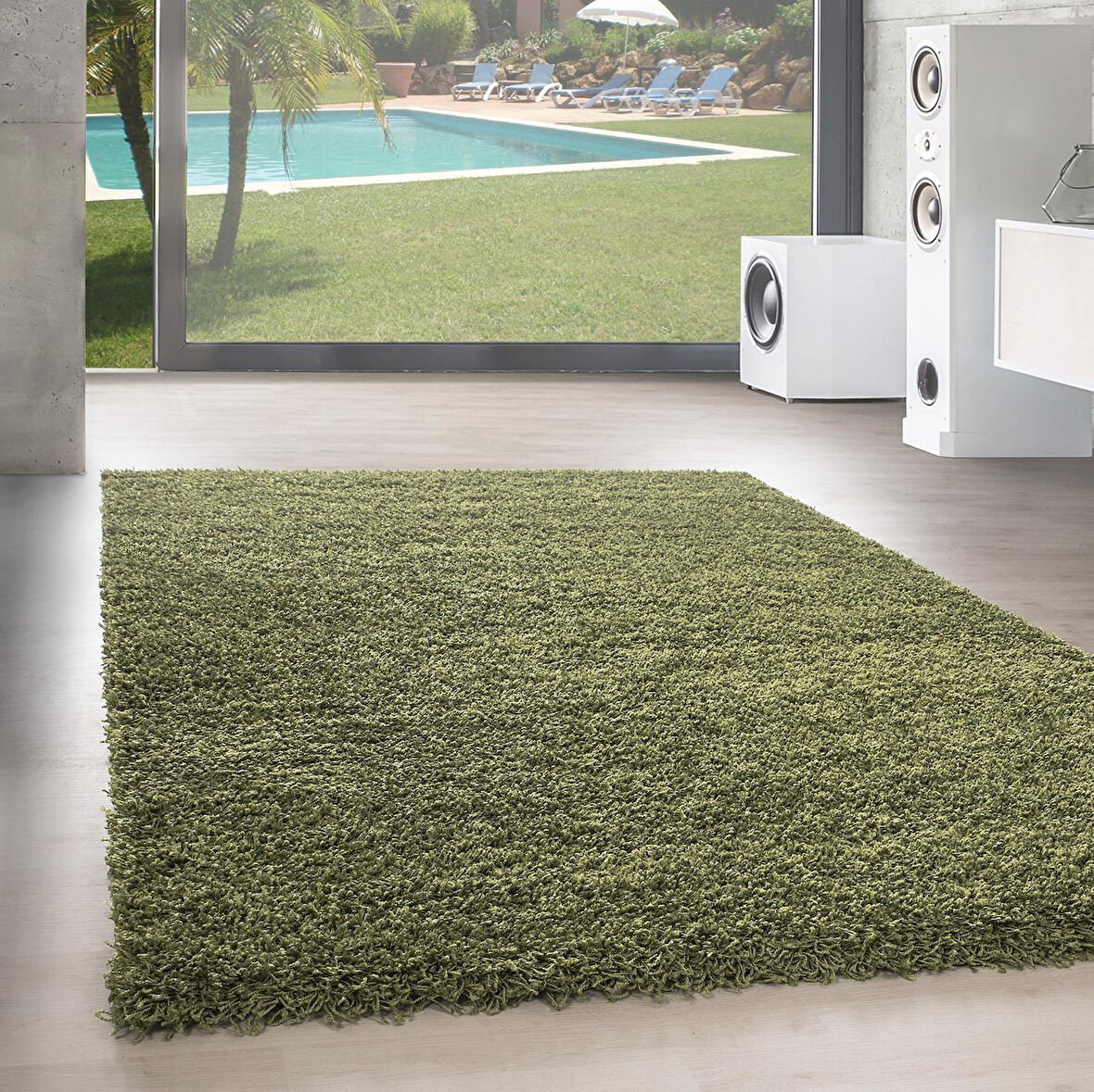 Modern 30 mm Tüylü Düz Toz Çıkarmaz Antialerjik Yeşil Dekoratif Shaggy Halı