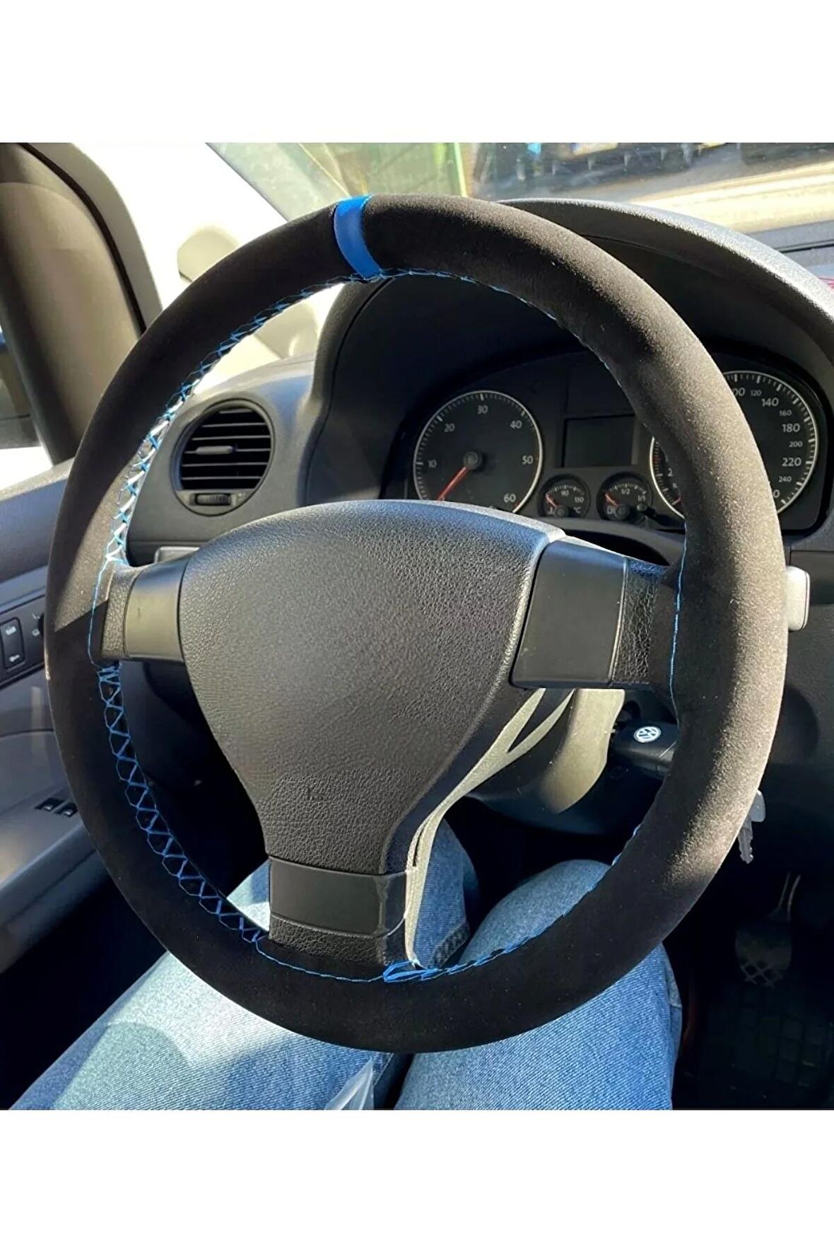 Vw Polo 2017Uyumlu Dikmeli Direksiyon Kılıfı Alkantara Mavi Yüzüklü