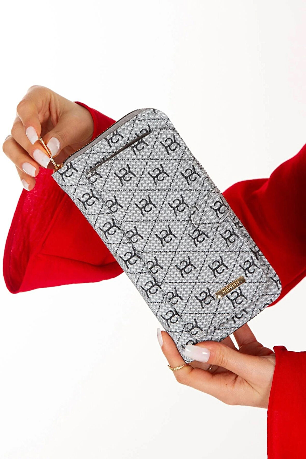 NEWİSH POLO PATLI KAPAKLI FERMUARLI PORTFÖY CÜZDAN DESENLİ VEGAN SUNİ DERİ - BÜYÜK BOY-GRİ