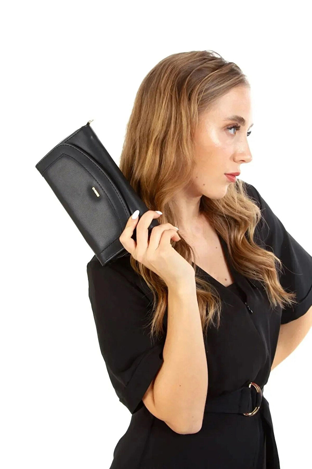 NEWİSH POLO ZARF MODEL KAPAKLI FERMUARLI KADIN PORTFÖY CÜZDAN-BÜYÜK BOY-SİYAH